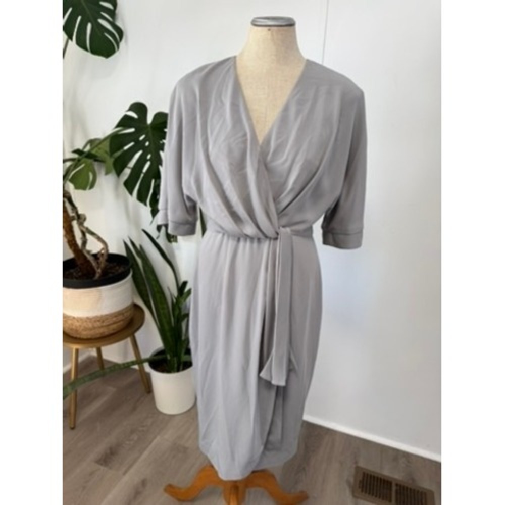 TY-LR Wrap Midi Dress Womens XS Grey V-Neck Short Sleeve Minimalist Professional - Picture 3 of 12